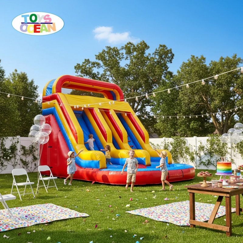 Red Yellow Blue Triple Lane In - đánh giá và giá Water Slide Inflatable